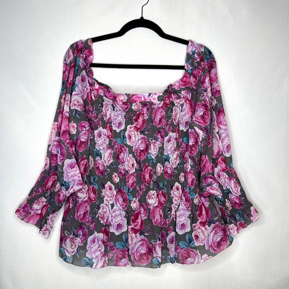 NWT Torrid Crinkle Chiffon Smocked Waist Off-Shoulder Top Floral Pink Plus 4X - Picture 8 of 14